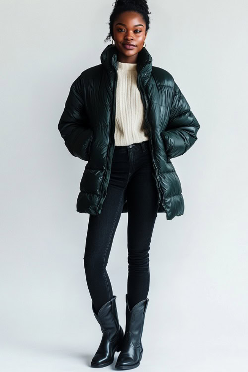 A Black woman in black cowboy boots, black skinny jeans, a cream sweater, and a dark green puffer coat