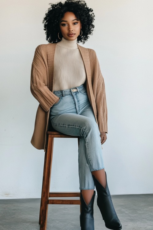 A Black woman in black cowboy boots paired with high-waisted light wash jeans, a cream turtleneck sweater, and a light brown cardigan