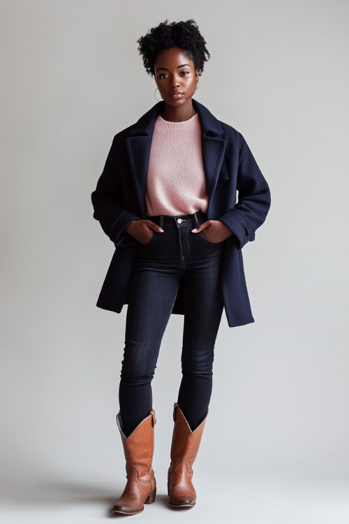 A Black woman in brown cowboy boots, dark skinny jeans, a tucked-in light pink sweater, and a short navy peacoat