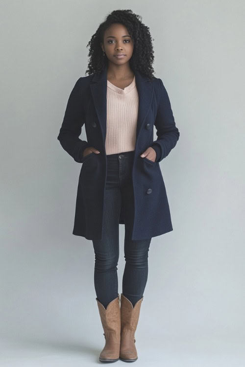 A Black woman in brown cowboy boots, dark skinny jeans, a tucked-in light pink sweater, and a short navy peacoat (2)