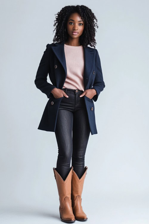 A Black woman in brown cowboy boots, dark skinny jeans, a tucked-in light pink sweater, and a short navy peacoat