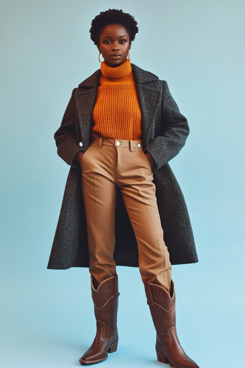 A Black woman in brown cowboy boots, slim-fit tan trousers, a rust-orange knit sweater, and a dark gray overcoat (2)