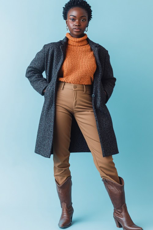 A Black woman in brown cowboy boots, slim-fit tan trousers, a rust-orange knit sweater, and a dark gray overcoat