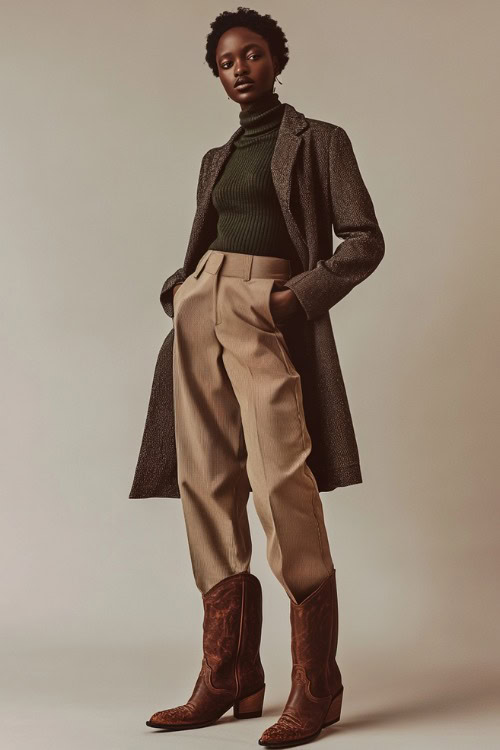 A Black woman in brown cowboy boots, wide-leg tan trousers, a tucked-in dark green turtleneck sweater, and a tailored gray coat