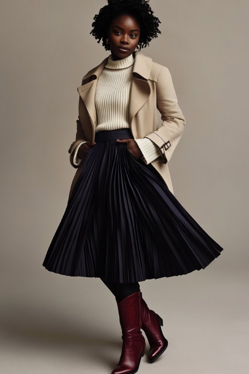 A Black woman in burgundy cowboy boots styled with a pleated navy midi skirt, a cream knit sweater, and a beige trench coat