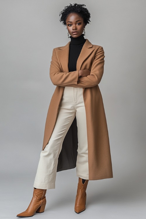 A Black woman in tan cowboy boots styled with wide-leg cream pants, a tucked-in black turtleneck, and a long beige overcoat (2)