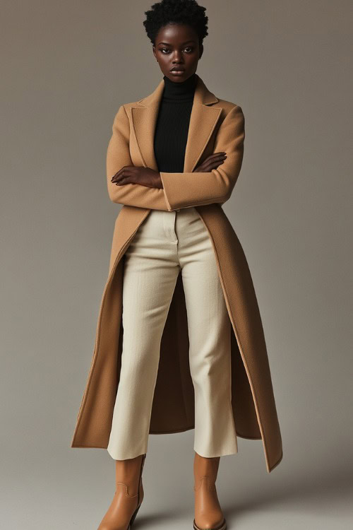 A Black woman in tan cowboy boots styled with wide-leg cream pants, a tucked-in black turtleneck, and a long beige overcoat