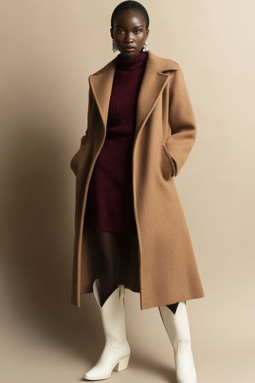 A Black woman in white cowboy boots, a midi-length maroon sweater dress, and a camel-colored wool coat