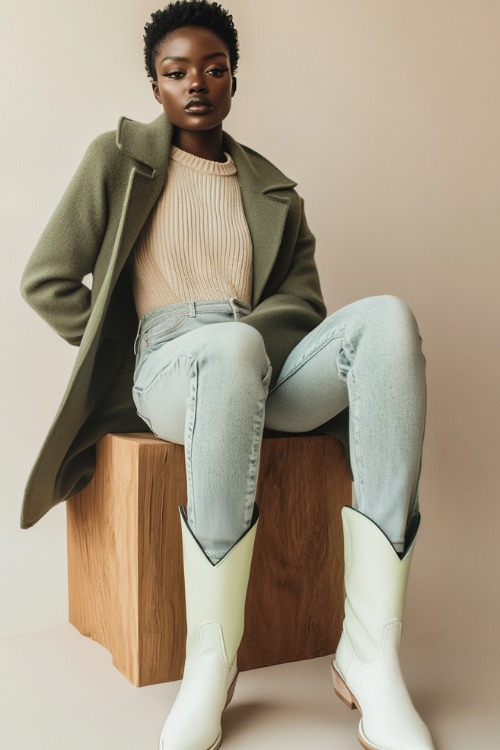 A Black woman wearing white cowboy boots paired with high-waisted mom jeans, a beige cropped sweater, and a long green wool coat