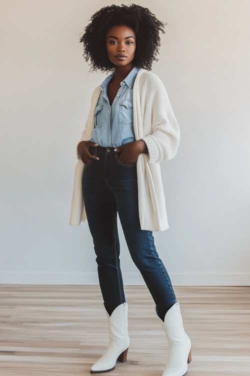 A Black woman wearing white cowboy boots with dark skinny jeans, a light blue oversized button-down shirt, and a long cream cardigan