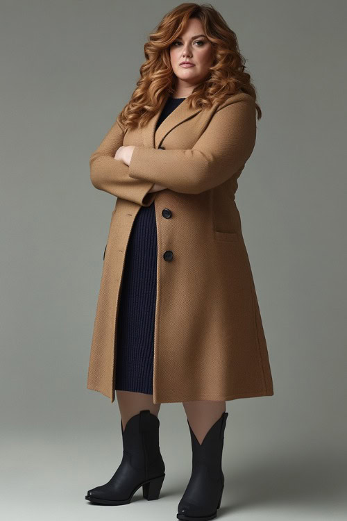 A plus-size woman in black cowboy boots, a navy knit dress, and a long camel coat