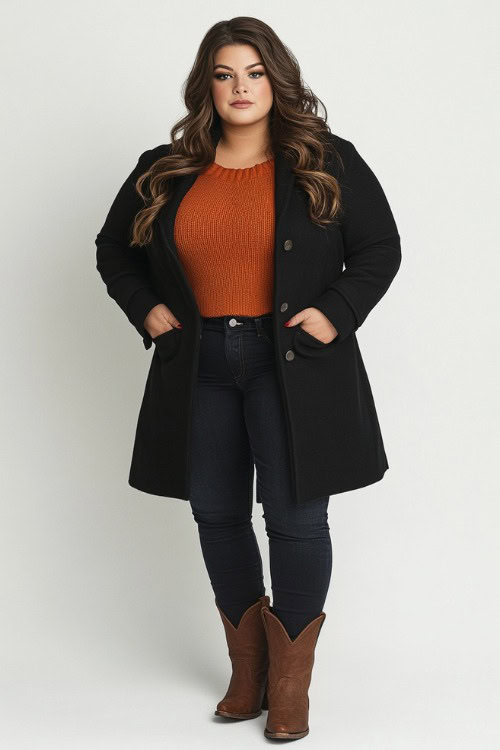 A plus-size woman in brown cowboy boots, dark skinny jeans, a burnt orange sweater, and a short black peacoat