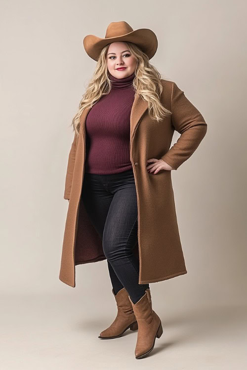 A plus-size woman in tan cowboy boots, dark skinny jeans, a burgundy turtleneck sweater, and a long brown wool coat