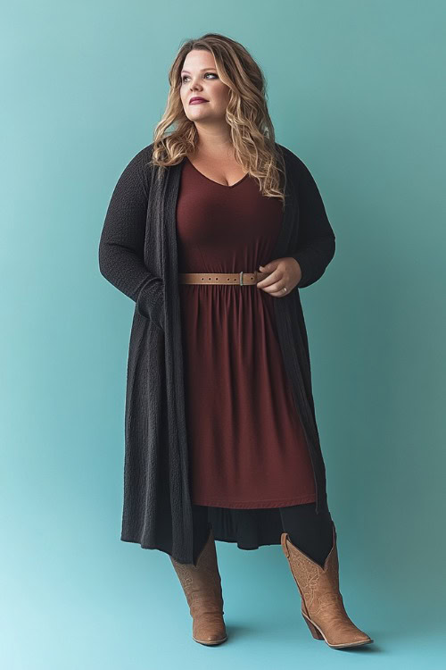 A plus-size woman in tan cowboy boots styled with a long-sleeve maroon dress layered under a long black cardigan