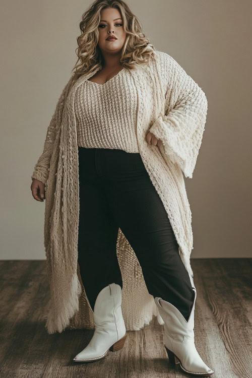 A plus-size woman in white cowboy boots paired with black wide-leg pants, a cream knit sweater, and a long beige shawl