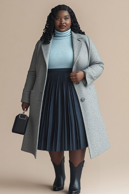 A plus-size woman wearing black cowboy boots, a pleated midi skirt in navy, a light blue turtleneck sweater, and a long gray coat