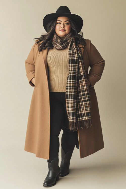 A plus-size woman wearing black cowboy boots paired with dark-wash skinny jeans, a long camel coat, a chunky knit beige turtleneck sweater, and a plaid scarf