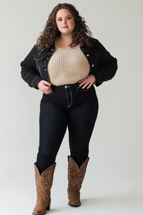 A plus-size woman wearing brown cowboy boots, high-waisted black jeans, and a beige sweater tucked in, paired with a cropped black jacket