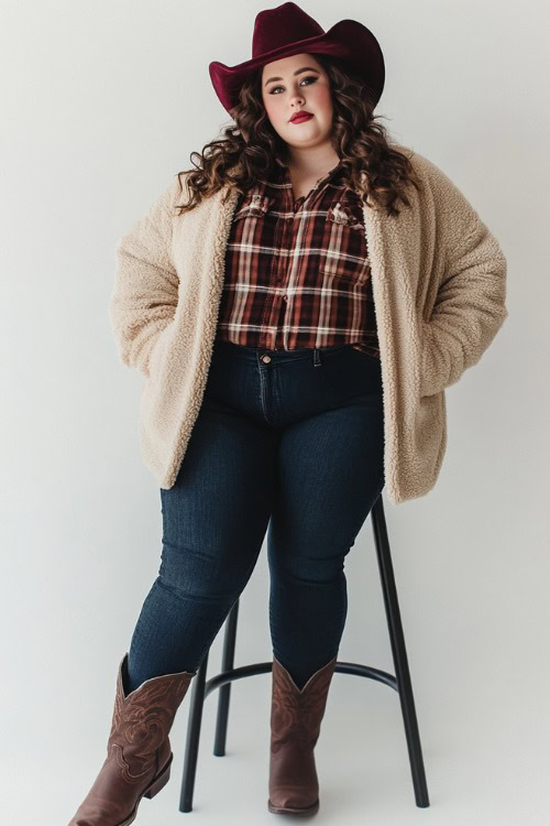 A plus-size woman wearing burgundy cowboy boots, high-waisted dark denim jeans, a tucked-in plaid flannel shirt, and a beige teddy coat