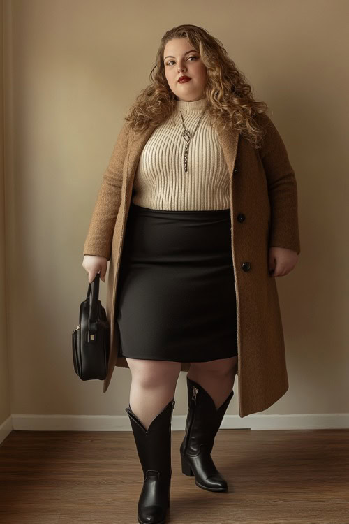 A plus-size woman wearing tall black cowboy boots, a fitted black midi skirt, a cream sweater, and a long wool coat in camel