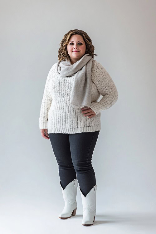 A plus-size woman wearing white cowboy boots, black jeans, and a simple cream sweater layered with a light gray scarf