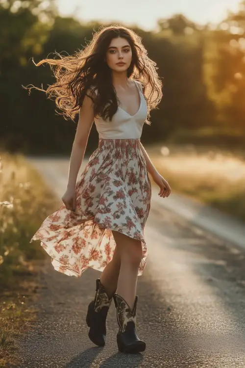 A lovely young woman wearing a flowy floral skirt paired beautifully with stylish black cowboy boots. She walks gracefully along a countryside road at golden hour