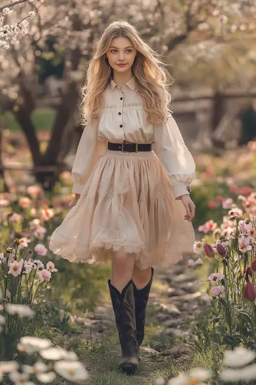 Lovely girl strolling through a spring garden filled with blooming flowers, dressed in an airy skirt, soft pastel-colored blouse, and elegant black cowboy boots.