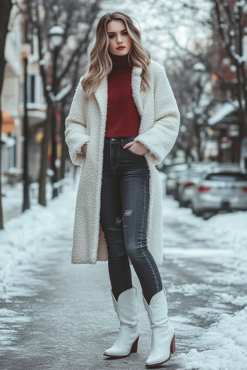 A casual winter outfit with dark-wash jeans and sleek white cowboy boots, paired with a cozy maroon turtleneck and a long cream wool coat