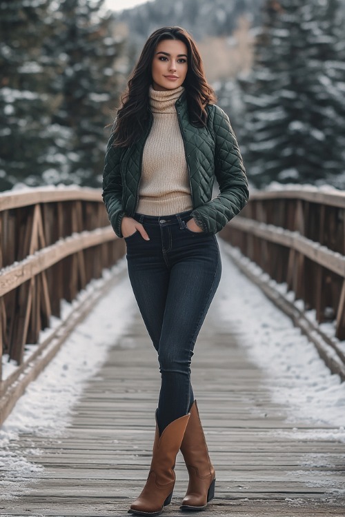 A woman in dark skinny jeans with brown cowboy boots, wearing a soft beige long-sleeve turtleneck, layered under a quilted green winter jacket (2)