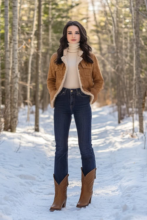 A woman in dark-wash flare jeans that cover the shaft of classic brown cowboy boots, paired with a fitted cream turtleneck and a tan suede jacket with shearling trim