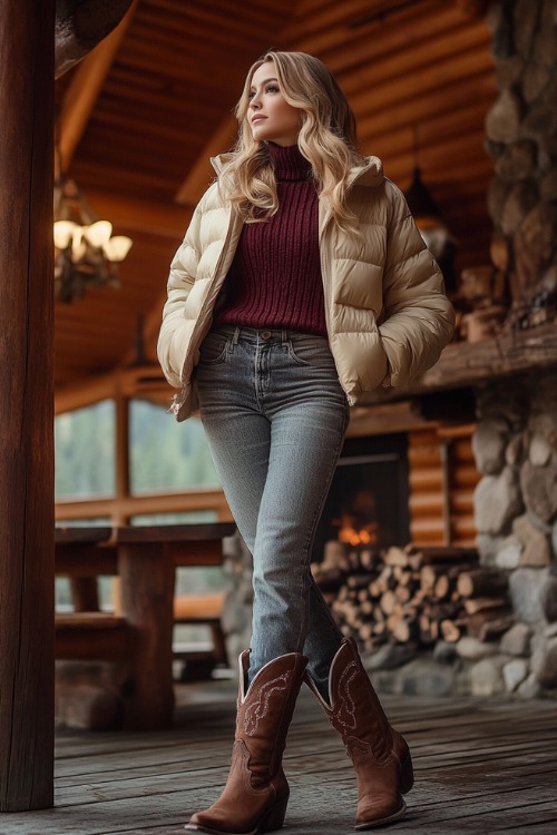 A woman in dark-wash flare jeans that cover the shaft of vintage-style brown cowboy boots, wearing a fitted maroon sweater layered with a cream puffer jacket