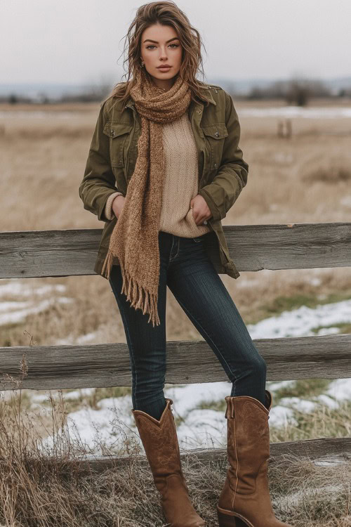 A woman in dark-wash skinny jeans tucked into rugged brown cowboy boots, wearing a fitted olive green utility jacket over a beige knit sweater