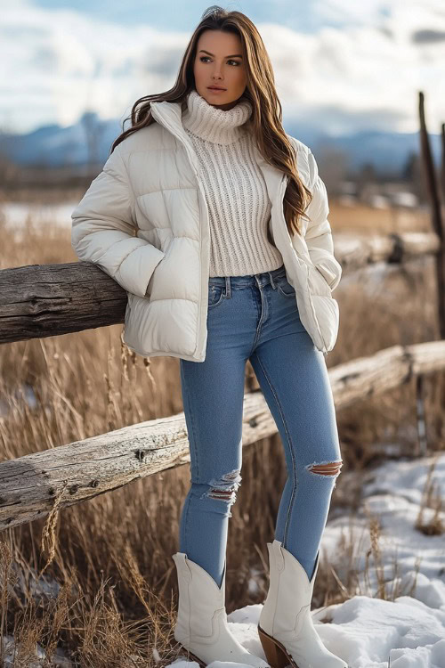 A woman in high-waisted blue jeans tucked into white cowboy boots, wearing a cozy white knit sweater with a light beige puffer jacket