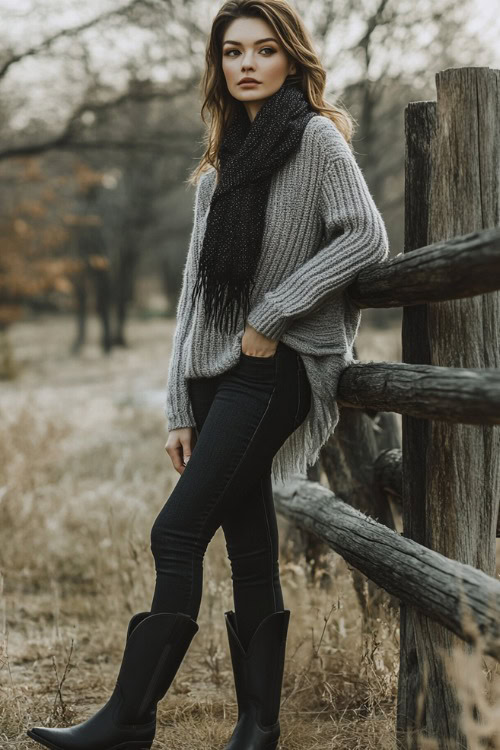 A woman in high-waisted dark jeans with black cowboy boots, layered with a grey oversized sweater and a chic black scarf