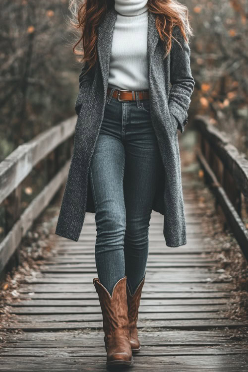 A woman in mid-rise jeans and distressed brown cowboy boots, wearing a snug white long-sleeve turtleneck under a belted wool coat in grey