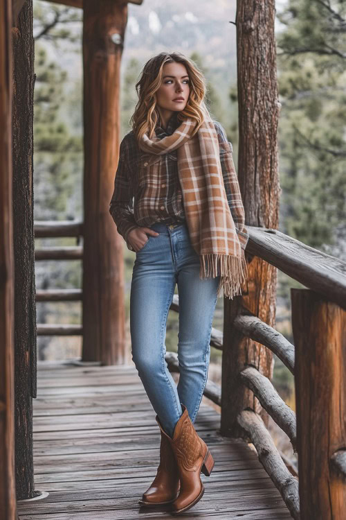 A woman in mid-rise light blue jeans with frayed hems over soft brown cowboy boots, paired with a plaid button-up shirt and an oversized wool scarf in earth tones