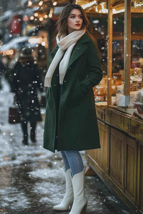 A woman in mid-rise skinny jeans with white cowboy boots, wearing a fitted wool coat in deep green, accessorized with a cream scarf,