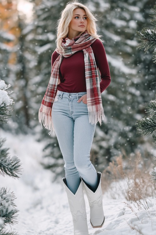 A woman in relaxed-fit blue jeans and white cowboy boots, layered with a fitted maroon long-sleeve top and a warm plaid scarf