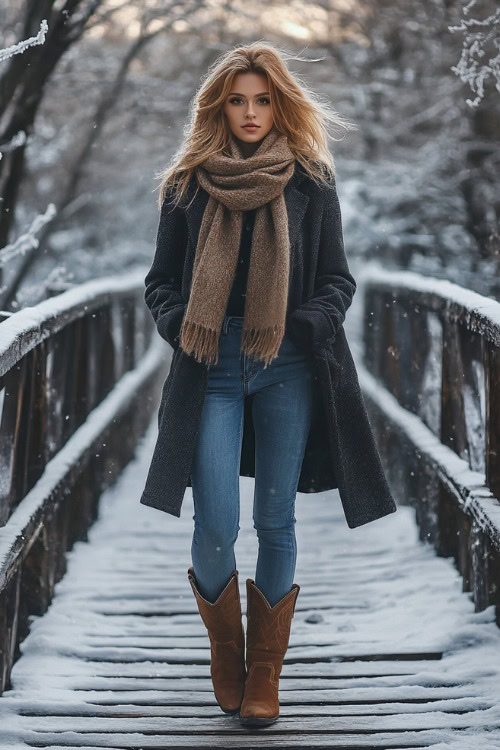 A woman in relaxed-fit blue jeans over worn brown cowboy boots, layered with a thick scarf and a tailored wool coat in charcoal grey