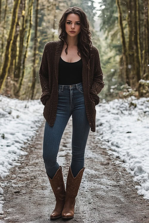 A woman in relaxed-fit jeans over classic brown cowboy boots, with a fitted black long-sleeve top under a chunky knit cardigan in earthy tones