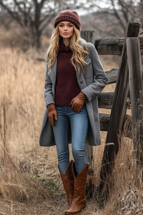 A woman in straight-leg jeans with brown cowboy boots, layered with a maroon wool sweater and a grey peacoat