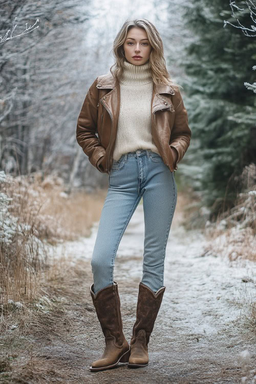 A woman in straight-leg jeans with faded brown cowboy boots, wearing a wool-blend cream-colored turtleneck and an oversized leather jacket