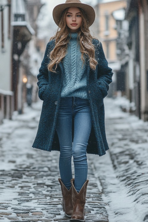 A woman wearing fitted jeans over vintage-style brown cowboy boots, a soft blue wool coat over a cozy sweater