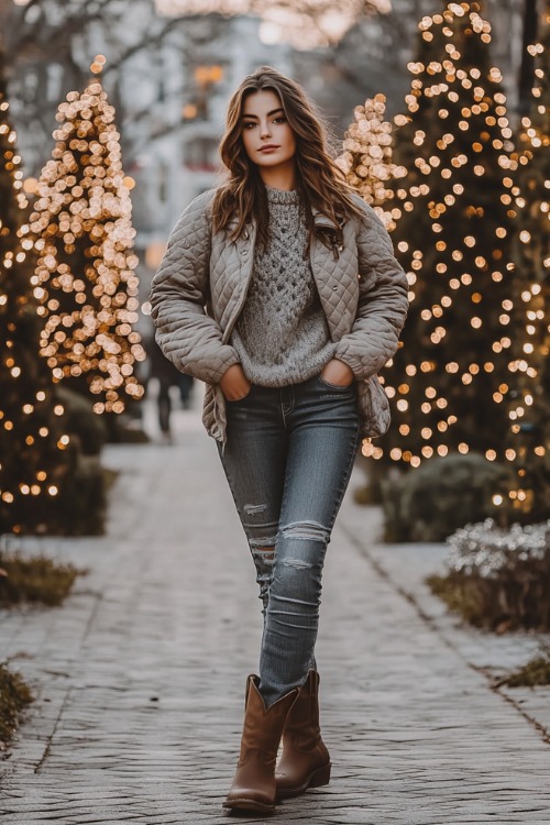 A woman wearing high-rise dark-wash jeans over vintage brown cowboy boots, a thick gray wool sweater, and a quilted beige jacket, standing near a row of holiday-lit trees