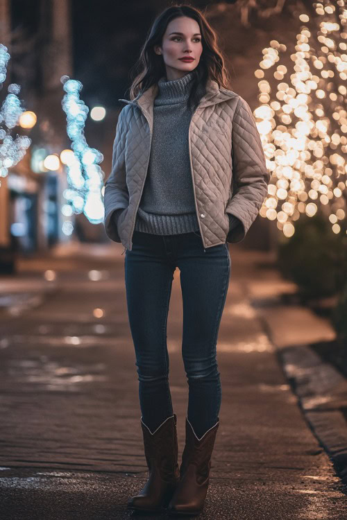 A woman wearing high-rise dark-wash jeans over vintage brown cowboy boots, a thick gray wool sweater, and a quilted beige jacket