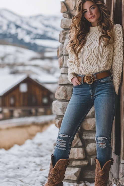 Full-body shot of a woman in cuffed jeans tucked into scuffed brown cowboy boots, a cream-colored cashmere sweater and a brown leather belt