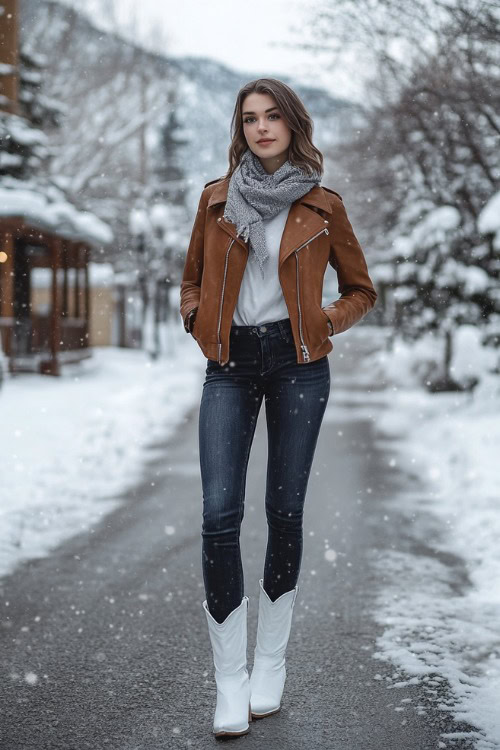 Full-body view of a woman in dark-wash straight-leg jeans and white cowboy boots, paired with a fitted brown leather jacket and a grey wool scarf