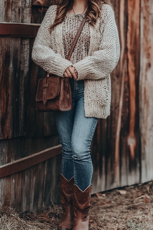 Full-body view of a woman in distressed jeans tucked into brown cowboy boots, wearing a chunky knit cardigan and leather crossbody bag