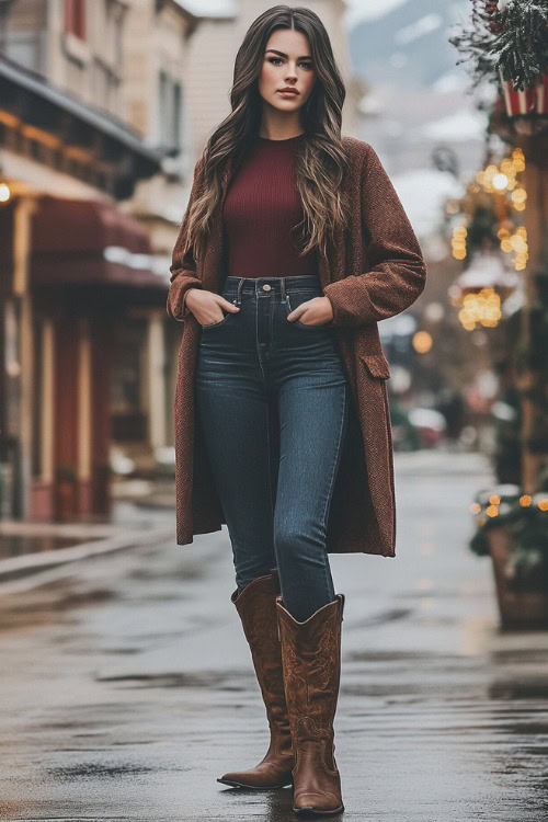 Full-body view of a woman in mid-rise dark flare jeans over brown cowboy boots, paired with a fitted burgundy top and a wool duster coat (2)