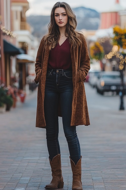 Full-body view of a woman in mid-rise dark flare jeans over brown cowboy boots, paired with a fitted burgundy top and a wool duster coat